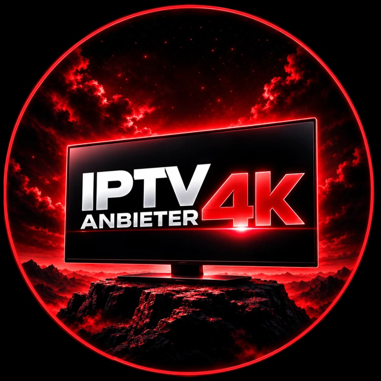 Fernseher mit dem Schriftzug „IPTV Anbieter 4K“ vor violett leuchtendem Nachthimmel